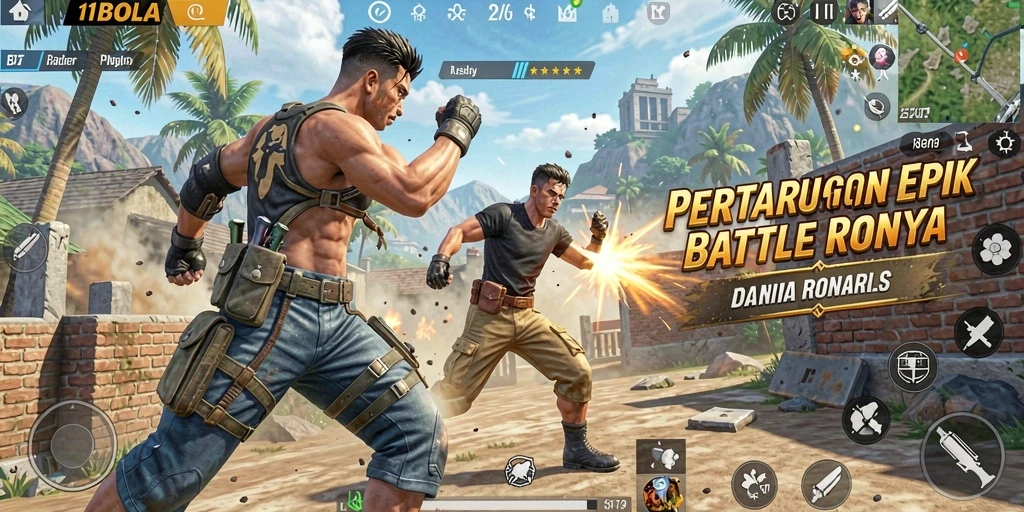 Gameplay seru dalam 11BOLA di medan pertempuran Battle Royale.