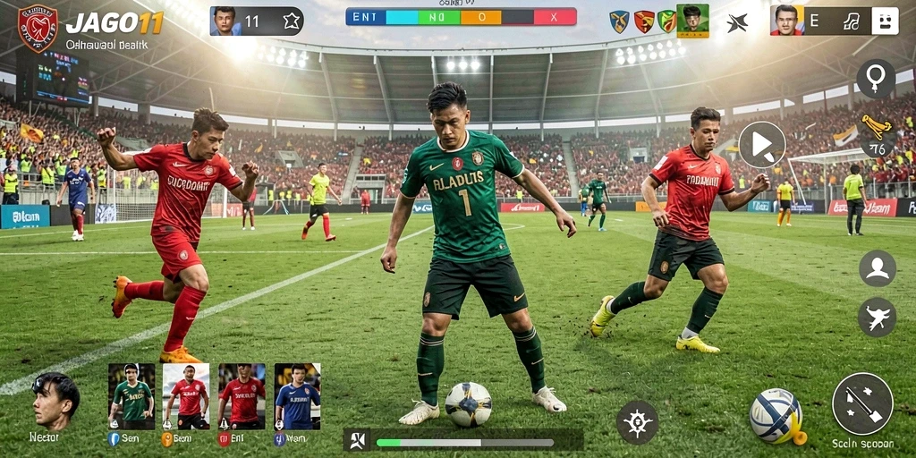 Tampilan gameplay JAGO11 yang interaktif dan informatif tentang olahraga.