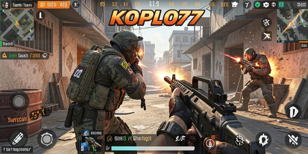 Screenshot gameplay KOPLO77 menampilkan pertempuran intens dalam lingkungan yang mendetail.