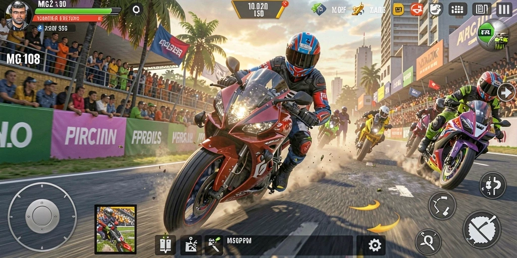 Screenshot gameplay MG108 menampilkan balapan motor yang intens.
