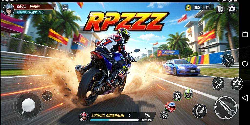 Tampilan utama gameplay RPZZZ dengan motor balap yang menakjubkan.